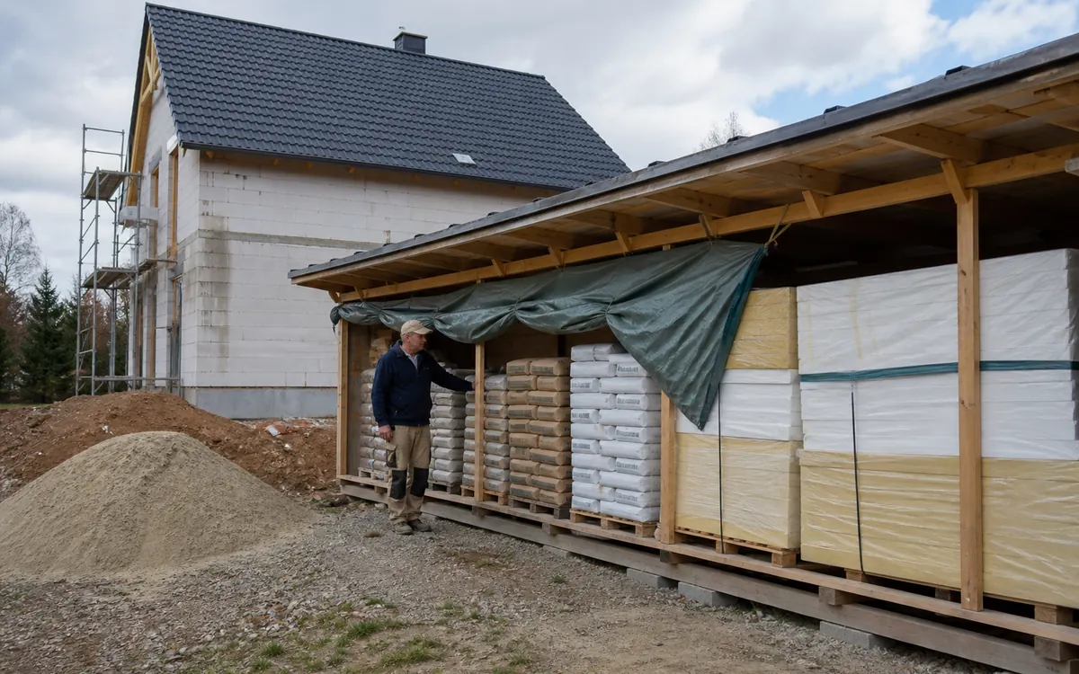 Szakember raklapos zsákos építőanyagokat és hőszigetelő táblákat ellenőriz fedett, szellőző tárolóban