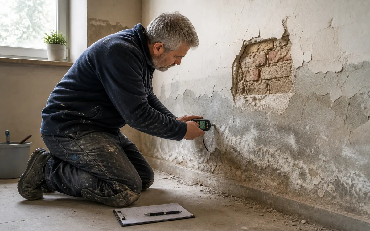 Felújítási szakember nedvességmérővel vizsgál sókivirágzásos, leváló vakolatú téglafalat